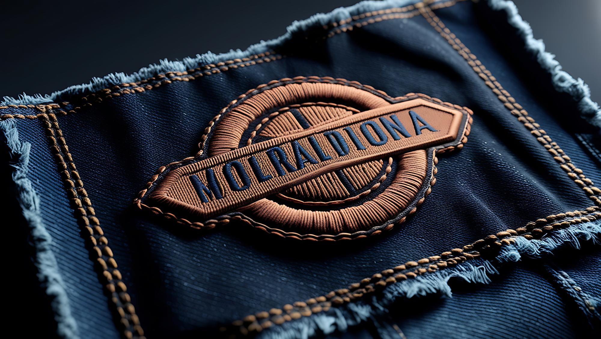 Close-up of embroidered badge on denim